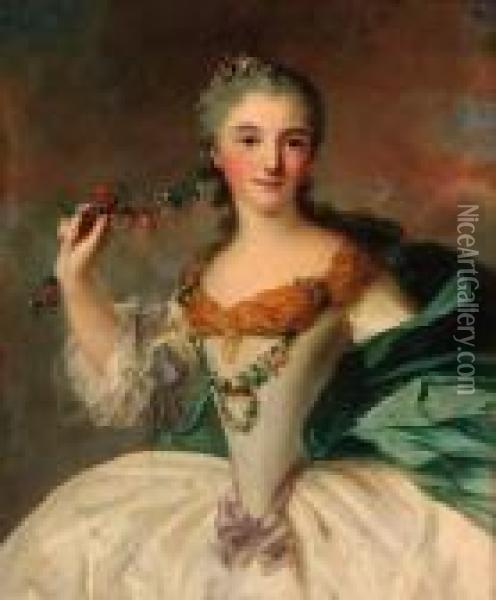 Portrait Of A Young Lady, Small 
Three-quarter-length, In A Whitedress With A Blue Wrap, Holding A 
Garland Of Wild Flowers Oil Painting - Jean-Marc Nattier