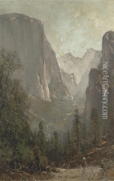 Riders Leaving The Yosemite Valley With El Capitan And Bridalveil Falls Beyond Oil Painting - Thomas Hill