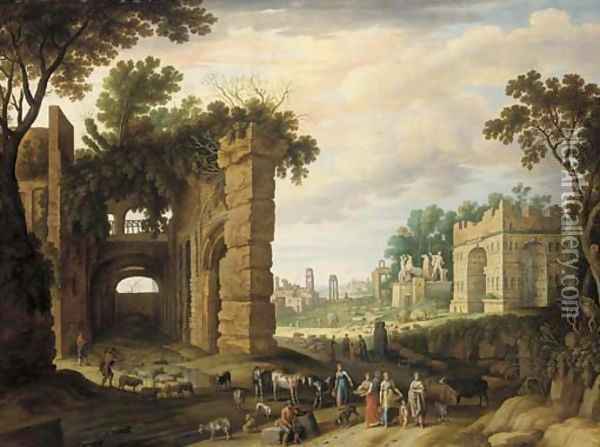 The Roman Forum with drovers and watercarriers on a path in the foreground Oil Painting - Willem van, the Younger Nieulandt