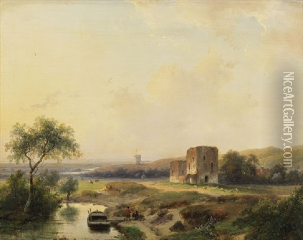 Flusslandschaft Bei Haarlem Mit Windmuhle Und Der Ruine Brederode Oil Painting - Andreas Schelfhout