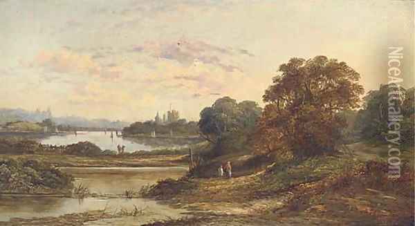 A mother and child in a country landscape with a river in the distance Oil Painting - English School