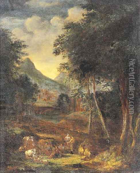 A wooded river landscape with figures and cattle in the foreground, a town beyond Oil Painting - Johannes (Polidoro) Glauber