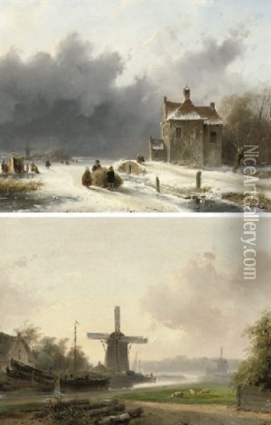 Summer - Figures By A Wharf (+ Winter - Figures On The Ice; Pair) Oil Painting - Andreas Schelfhout