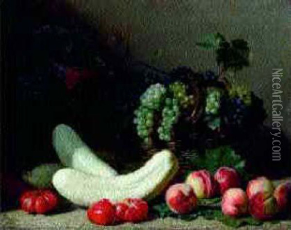 Peches, Tomates, Courges, Pichet De Fleurs Et Corbeille De Raisins Oil Painting - Jacques Delanoy
