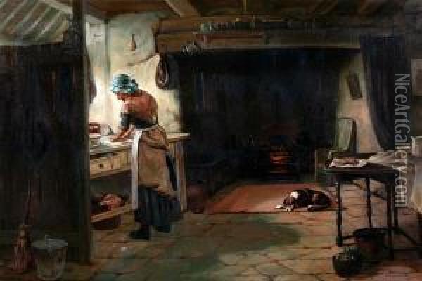 Cottage Interior With Maid Rollingpastry Oil Painting - David W. Haddon