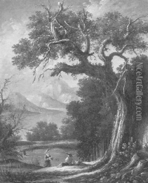 Mountainous River Landscape With Two Figures Oil Painting - Jean-Baptiste Oudry