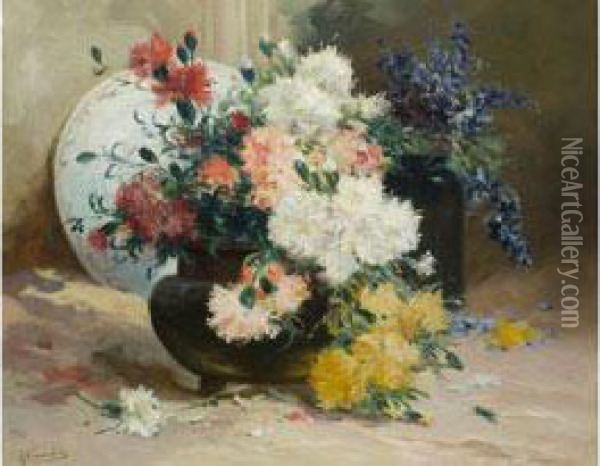 Stilleben Mit Nelken Und Eisenhut In Vasen Oil Painting - Eugene Henri Cauchois