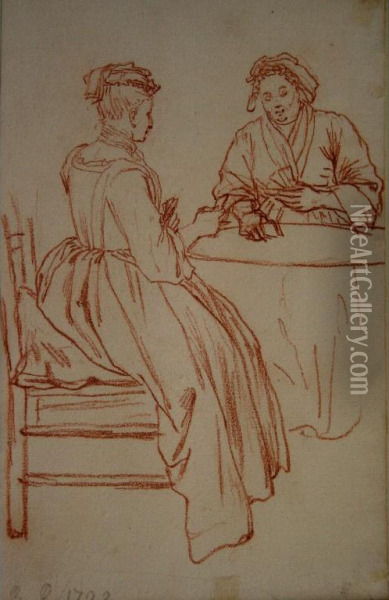 A Seamstress; Two Ladies Playing Cards At A Table Oil Painting - Bernard Picart