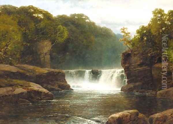 A waterfall in a wooded river valley Oil Painting - John Brandon Smith