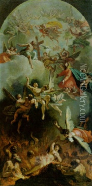 Die Madonna Als Furbitterin Fur Die Seelen Im Fegefeuer Vor Christus Und Gottvater Oil Painting - Francesco Salvator Fontebasso