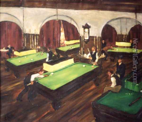 Game Room Carom 1910 Oil Painting - Jeno FEIKS