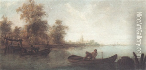 River Landscape Wih Fishermen At Their Nets Oil Painting - Salomon van Ruysdael