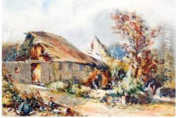 A Figure By A Thatched Cottage Oil Painting - Richard Pratchett Noble