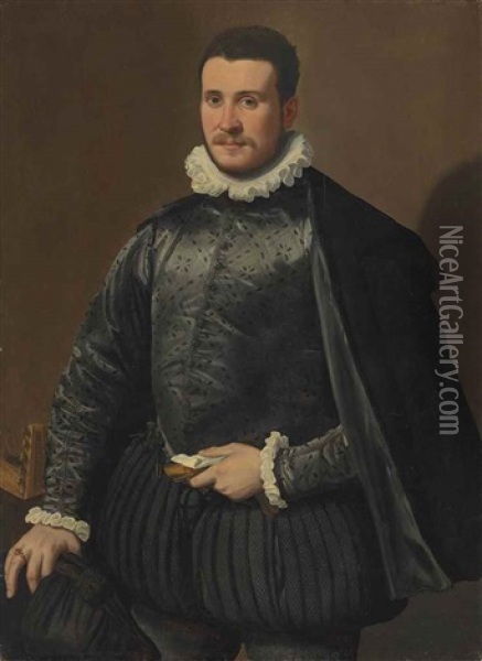 Portrait Of A Gentleman, In A Black Embroidered Silk Doublet And Cloak, With A Ruff, Holding Gloves And A Letter In His Left Hand, A Lute On The Table Oil Painting - Santi Di Tito