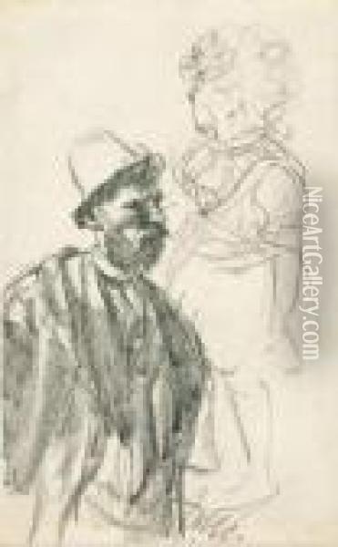 Mann Mit Hut Und Stehendem Madchen Oil Painting - Adolph von Menzel