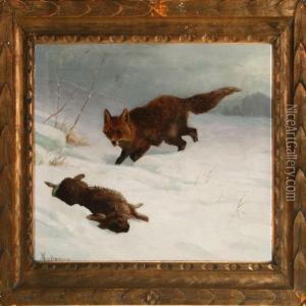Snowscape With Fox And Hare Oil Painting - Adolf Henrik Mackeprang
