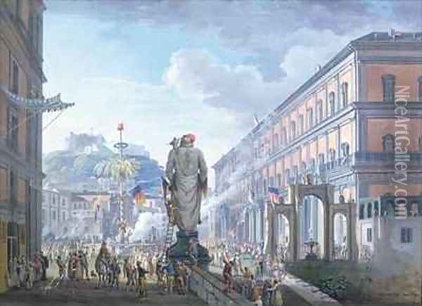 The Palazzo Reale at the Moment When the Tree of Liberty was Cut Down and the Troops en masse were Directed by the English in 1799 Oil Painting - Saviero Xavier della Gatta