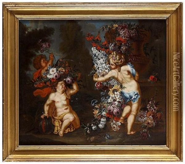 A Putto With Flowers Oil Painting - Franz Werner von Tamm