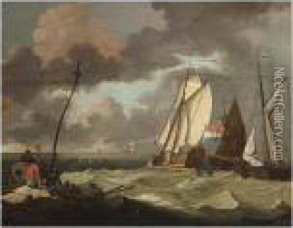 The States Yacht And Other Sailing Vessels In A Stiff Breeze Oil Painting - Ludolf Backhuysen