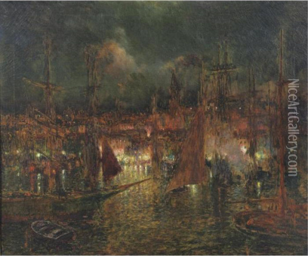 Nocturnal View Of A Port Oil Painting - Luis Graner Arrufi
