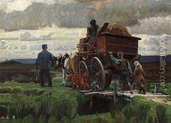 Moor Landscape With People On A Cart Oil Painting - Knud Sinding