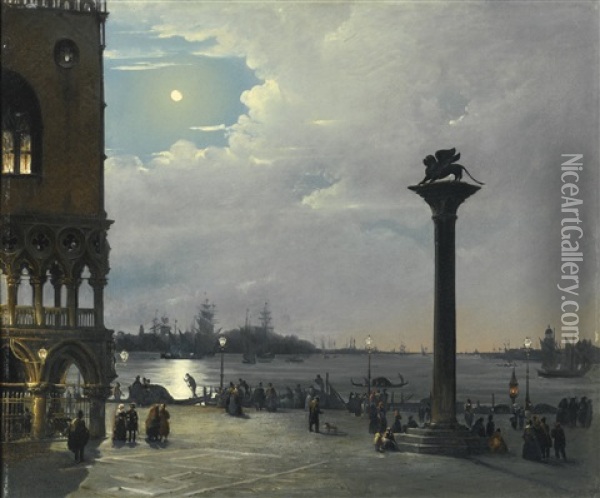 Venice, A Nocturnal View Of Piazza San Marco With The Ducal Palace Oil Painting - Ippolito Caffi
