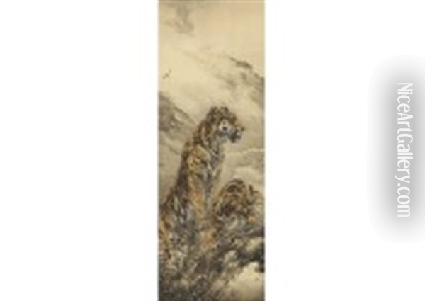 Two Tigers On Mountain Oil Painting - Suiseki Ohashi