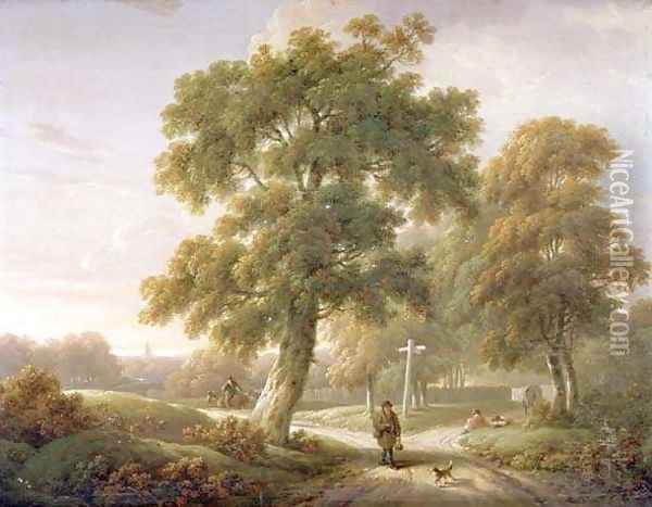 Travellers at a crossroads in wooded landscape Oil Painting - Charles Towne