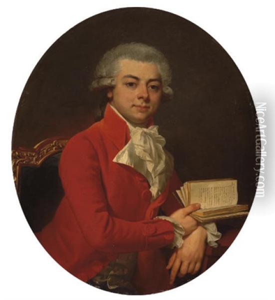 Portrait D'homme En Buste, Portant Une Redingote Rouge Oil Painting - Jean Laurent Mosnier