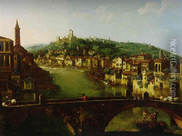 View Of Verona And The River Adige From The Ponte Nuovo Oil Painting - Giovanni Battista Cimaroli
