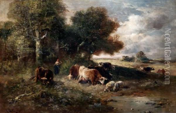 Herderin Met Koeien En Schapen Aan De Bosrand Oil Painting - Henry Schouten
