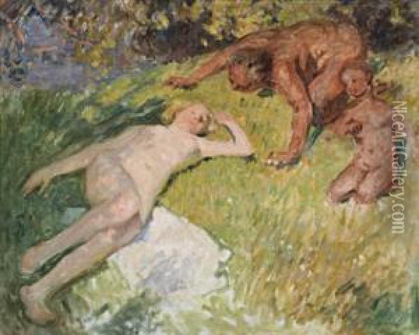 Nude And Satyr (jupiter And Antiope) Oil Painting - Emanuel Phillips Fox