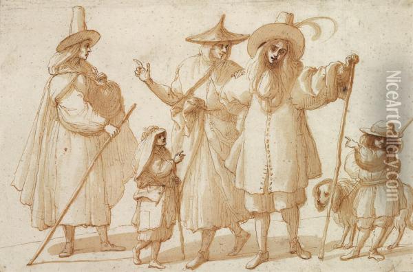 A Group Of Elegantly Dressed Figures With Two Children And Adog Oil Painting - Baccio del Bianco