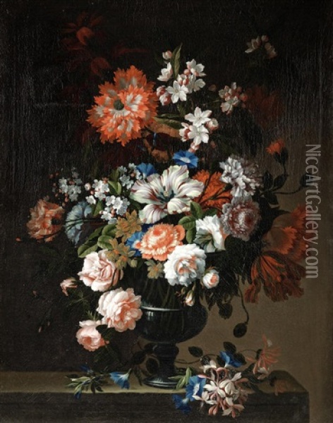 Roses, Tulips, Carnations And Other Flowers In A Glass Vase, With Honeysuckle And Morning Glory On A Stone Ledge; And (2) Oil Painting - Pieter Hardime