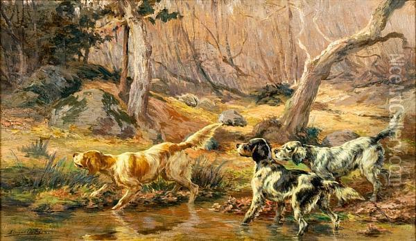 Three English Setters By A Brook Oil Painting - Edmund Henry Osthaus
