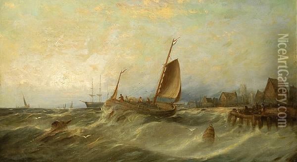 Ships In Choppy Seas Off A Seaside Town Oil Painting - William Harry Williamson