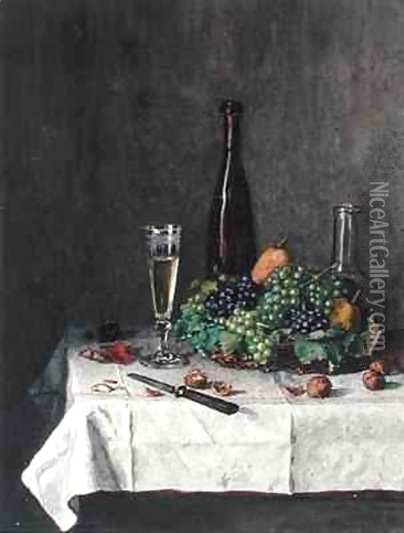 Still Life with Basket of Grapes, Walnuts and Knife Oil Painting - Leon Bonvin