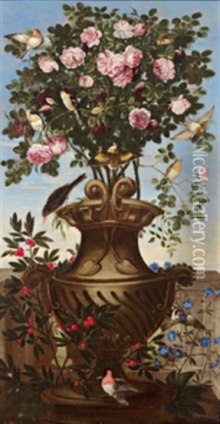 Stillleben Mit Blumen Und Vogeln, Natura Morta Con Fiori E Uccellini Oil Painting - Orsola Maddalena Caccia