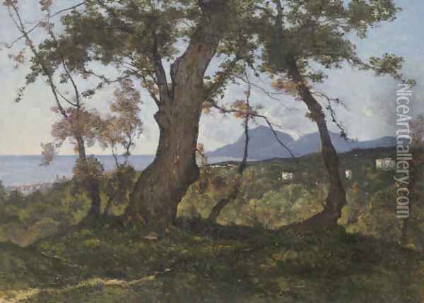 A Wooded Landscape with a View of the Mediterranean Sea beyond Oil Painting - Henri-Joseph Harpignies