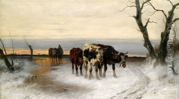 Heimtrieb Der Herde In Winterlicher Landschaft Oil Painting - Christian Friedrich Mali