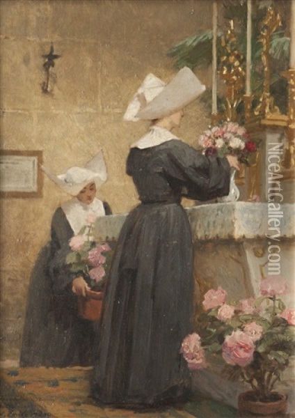 Deux Religieuses Decorant Un Autel Oil Painting - Louis Emile Adan