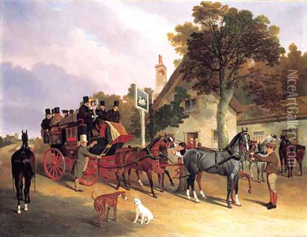 The London-to-Leeds stage coach changing horses at the Swan Inn, Bottisham, Cambridge Oil Painting - John Frederick Herring Snr