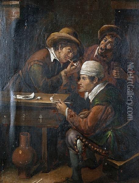 Men Smoking In An Interior Oil Painting - David The Younger Teniers