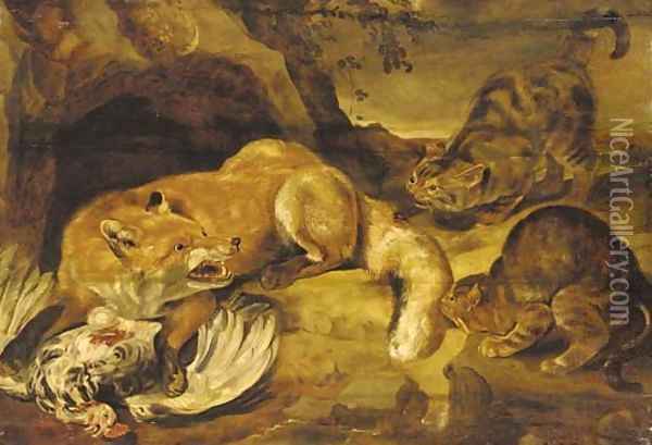 A fox defending its kill from wild cats Oil Painting - Frans Snyders