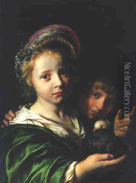 A girl holding a pigeon and a boy gesturing 1652 Oil Painting - Jan De Bray