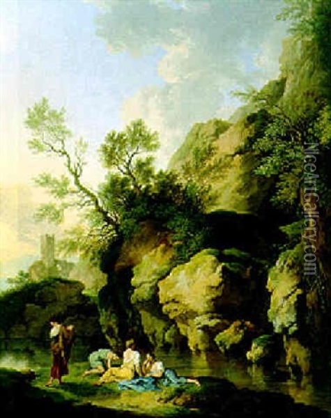 Vier Rastende Junge Frauen An Einem Fluss Oil Painting - Christian Wilhelm Ernst Dietrich