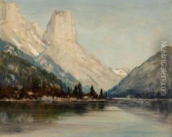 On The Bow River Oil Painting - Alfred Mitchell