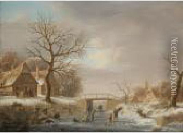 A Winter Landscape With Skaters On A Frozen River Running Through A Small Hamlet Oil Painting - Andries Vermeulen