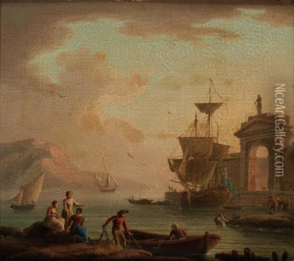 Follower Of 
Harbour In The South Of Europe Oil Painting - Claude-joseph Vernet