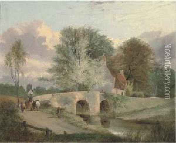 Figures On A Bridge With A Cottage Beyond Oil Painting - Alfred Stannard